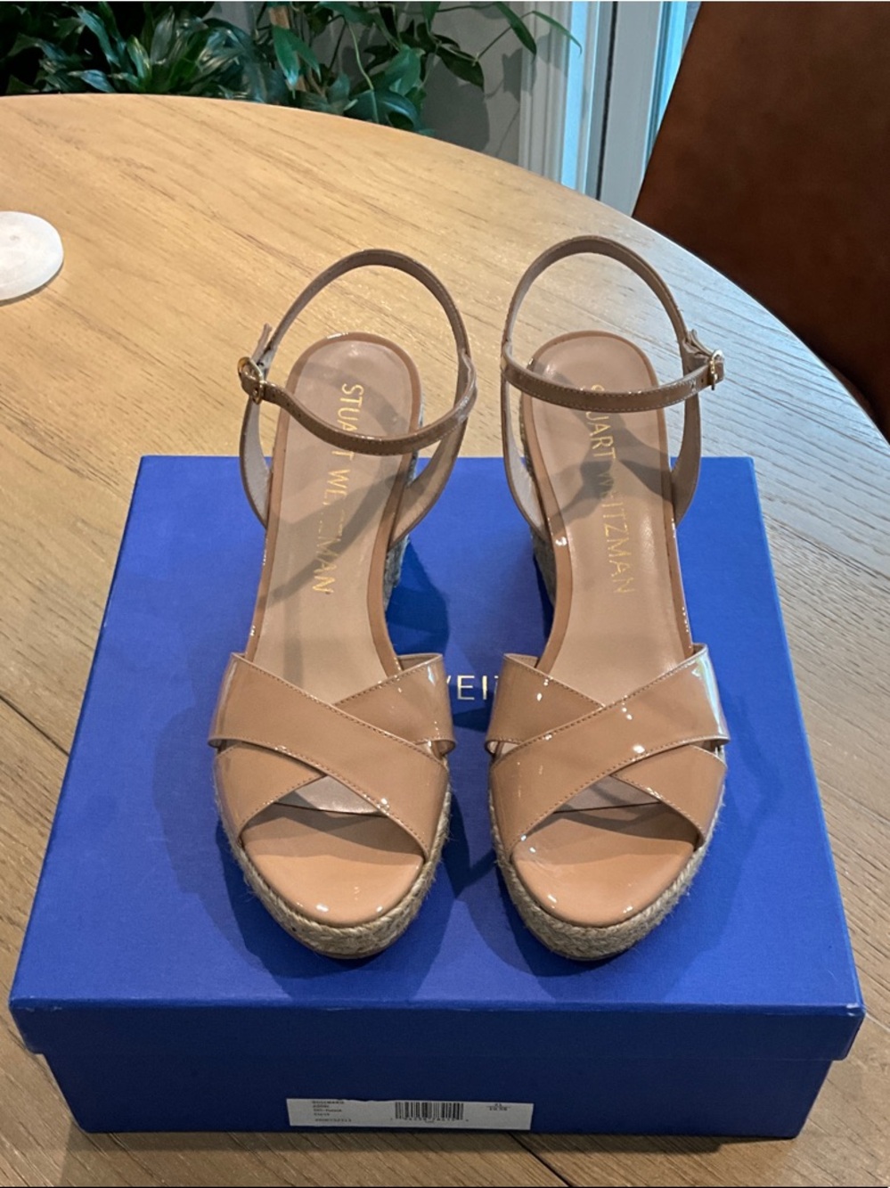 Stuart Weitzman Beige Patent Espadrille Wedge Sandals